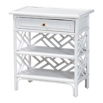 bali & pari Tiaret Natural Rattan Nightstand with Drawer and Shelves - Chippendale -Style Bedside Table for Bedroom or Coastal Living Spaces, White