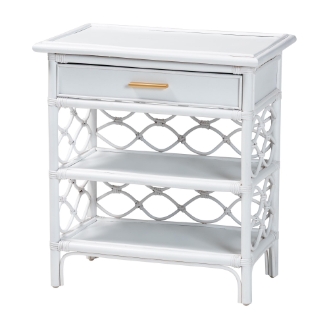 bali & pari Akane Natural Rattan Nightstand with Drawer and Open Shelves - Coastal Bedside Table with Lattice Design, White