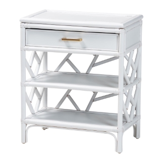 bali & pari Daina Natural Rattan Nightstand with Drawer and Open Shelves - Coastal Bedside Table with Geometric Design, White