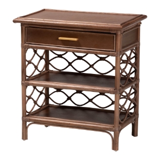 bali & pari Akane Natural Rattan Nightstand with Drawer and Open Shelves - Coastal Bedside Table with Lattice Design, Brown