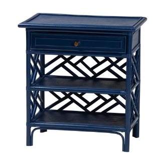 bali & pari Tiaret Natural Rattan Nightstand with Drawer and Shelves - Chippendale -Style Bedside Table for Bedroom or Coastal Living Spaces, Blue