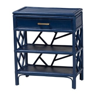 bali & pari Daina Natural Rattan Nightstand with Drawer and Open Shelves - Coastal Bedside Table with Geometric Design, Blue