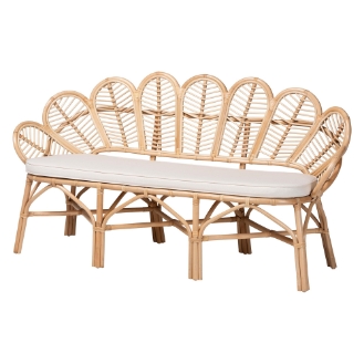 bali & pari Eliava Natural Rattan Accent Bench with Removable Cushion - Coastal Boho Style Loveseat with Scalloped Fan Back Design for Indoor Living Room or Sunroom Seating