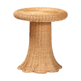 bali & pari Avalon Scallop Natural Rattan Pedestal Side Table - Round Handwoven Wicker Accent Table with Skirted Base, Boho Coastal Style Furniture for Living Room, Hallway or Sunroom