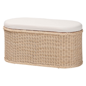 bali & pari Barid Braided Natural Rattan Storage Bench with Cushioned Lift -Top Lid - Coastal Boho Style Chest for Bedroom, Entryway, or Living Room Organization, Natural, 39" Oval
