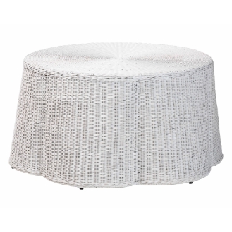 bali & pari Palm Scalloped Rattan Coffee Table - Handwoven Wicker Round Accent Table for Living Room Patio or Sunroom, Coastal Boho Style, White