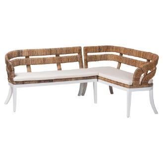 bali & pari Ubud Seagrass Dining Nook Set with Mahogany Wood Frame - L-Shaped Rattan Accent Corner Bench for Kitchen or Dining Room, 2-Piece