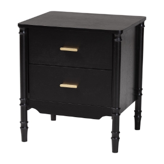 Baxton Studio Marisela Black Wood Nightstand with Gold Handles - 2-Drawer Bedside Table with Bamboo-Inspired Legs, Modern Transitional Accent Furniture for Bedroom or Guest Room