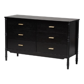 Baxton Studio Marisela Black Wood Dresser with Drawers - Bamboo-Inspired Legs and Brass Handles, 6-Drawer Modern Transitional Bedroom Storage Unit