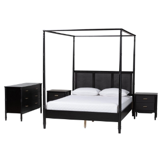 Baxton Studio Marisela 4-Piece Black Bedroom Set - Canopy Bed with Synthetic Rattan Headboard, Matching Dresser and Two Nightstands, Modern Transitional Wood Bedroom Furniture Collection, King