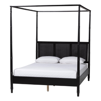 Baxton Studio Marisela Canopy Bed with Synthetic Rattan Headboard - Black Wood Bed Frame with Bamboo-Inspired Posts, Modern Transitional Bedroom Accent Furniture, King Size