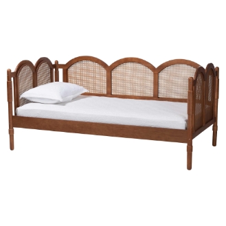 Baxton Studio Carmiya Scalloped Daybed - Twin Size Wooden Frame with Rattan Panels, Arched Boho Coastal Style Bed for Living Room or Guest Bedroom