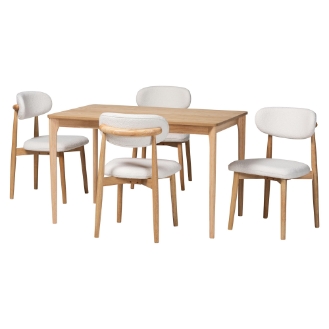 Baxton Studio Wattsu 5-Piece Dining Set - Solid Wood Rectangular Table with Boucle Upholstered Chairs, Mid-Century Modern Dining Furniture for Kitchen or Dining Room, Natural and White