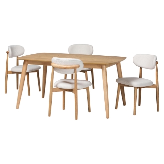 Baxton Studio Emily 5-Piece Dining Set - Solid Wood Rectangular Table with Boucle Upholstered Chairs, Mid-Century Modern Dining Furniture for Kitchen or Dining Room, Natural and White