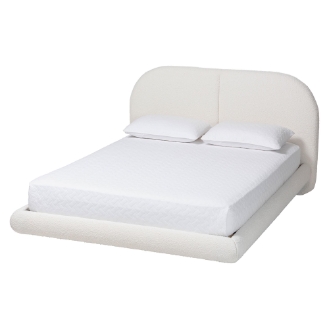 Baxton Studio Cachet Floating Platform Bed with Rounded Headboard - Low Profile Minimalist Boucle Upholstered Bed Frame, Cream, Queen