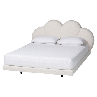 Baxton Studio Barrera Floating Platform Bed with Scalloped Headboard - Low Profile Minimalist Boucle Upholstered Bed Frame, Cream, Queen