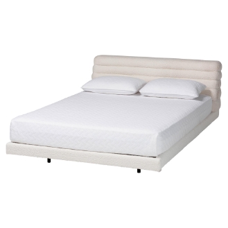 Baxton Studio Alfie Boucle Floating Bed with Channel Tufted Headboard - Low Profile Minimalist Platform Bed Frame, Cream, King