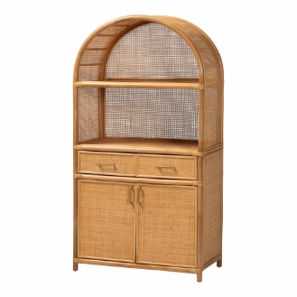 bali & pari Mairen Arched Natural Rattan Storage Cabinet -  Handwoven Pole Rattan Hutch with Two Drawers and Doors, Boho Coastal Display Cabinet for Dining Room or Living Space