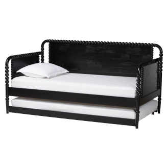 Baxton Studio Lucera Bobbin Daybed with Rolling Trundle - Wooden Bed Frame with Turned Spindle Detailing, Classic Style Sofa Bed for Bedroom or Guest Room, Twin, Black