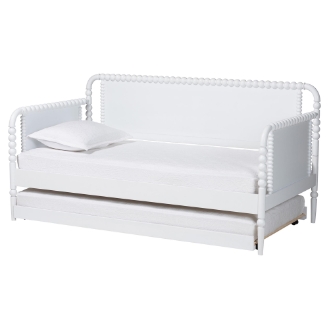 Baxton Studio Lucera Bobbin Daybed with Rolling Trundle - Wooden Bed Frame with Turned Spindle Detailing, Classic Style Sofa Bed for Bedroom or Guest Room, Twin, White