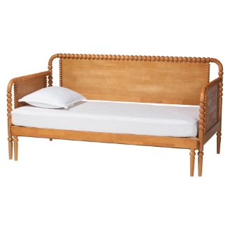Baxton Studio Lucera Bobbin Twin-To-King Expandable Daybed - Wood Bed Frame with Turned Spindle Detailing, Classic Style Sofa Bed for Bedroom or Guest Room, Oak Brown