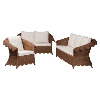 bali & pari Detta Natural Rattan 3-Piece Living Room Set - Handwoven Wicker Lounge Seating with Scalloped Skirt Base and Rolled Arms, Boho Coastal Style for Sunroom or Living Room