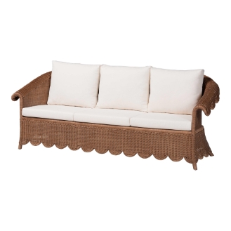 bali & pari Detta Natural Rattan Sofa with Cushion - Handwoven Wicker Settee with Rolled Arms and Scalloped Skirt Base, Boho Coastal Style for Sunroom or Lounge