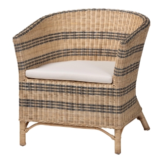 bali & pari Elda Natural Rattan Accent Chair - Wicker Barrel-Back Chair with Two-Tone Woven Stripes and Cushion, Coastal Boho Style Seating for  Living Room or Sunroom