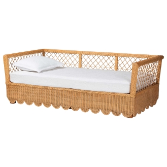 bali & pari Teresa Natural Rattan Daybed - Handwoven Sofa Bed Frame with Scalloped Edge and Open Lattice Back and Side, Coastal Boho Style Lounge Seating, Twin
