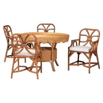 bali & pari Trevor 5-Piece Rattan Dining Set - Round Wicker Table with Scallop Edge and 4 Armchairs, Handwoven Boho Coastal Style for Dining, Kitchen or Sun Room, Light Honey