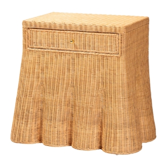 bali & pari Chica Scalloped Natural Rattan Console Table with Drawer - Handwoven Wicker Accent Table with Flared Skirt, Coastal Boho Style for Entryway or Living Room, Rectangle