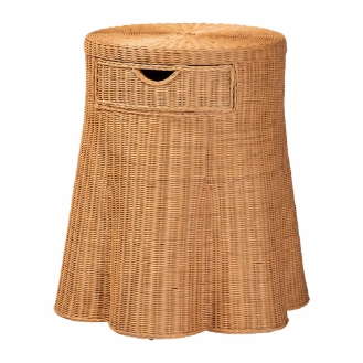 bali & pari Dayo Scalloped Natural Rattan Console Table with Drawer - Handwoven Wicker Accent Table with Flared Skirt, Coastal Boho Style for Entryway or Living Room, Round