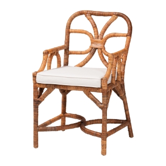 bali & pari Alondra Natural Rattan Dining Chair - Handwoven Wicker Accent Chair with Armrests and Removable Cushion, Coastal Boho Kitchen or Dining Room Seating