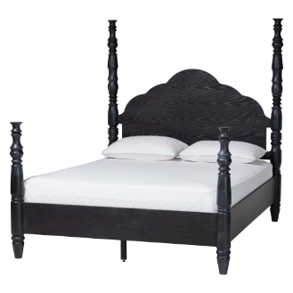 Baxton Studio Martino Four-Poster Platform Bed - Sculpted Post Bed Frame with Panel Headboard, Vintage Spindle Bed, Black, Queen