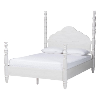 Baxton Studio Martino Four-Poster Platform Bed - Sculpted Post Bed Frame with Panel Headboard, Vintage Spindle Bed, White, King