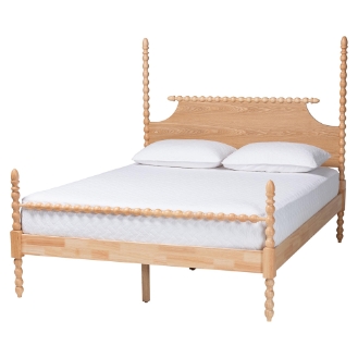 Baxton Studio Caliana Bobbin Four-Poster Platform Bed - Wooden Bed Frame with Turned Spindle Posts and Panel Headboard, Vintage-Inspired Bedroom Furniture, Natural Brown, King
