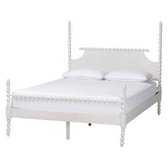 Baxton Studio Caliana Bobbin Four-Poster Platform Bed - Wooden Bed Frame with Turned Spindle Posts and Panel Headboard, Vintage-Inspired Bedroom Furniture, White, King