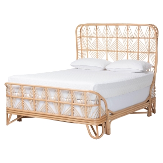 bali & pari Hadley Natural Rattan Bed Frame with Openwork Geometry Headboard and Footboard, Tropical Coastal Boho Bedroom Furniture, Queen