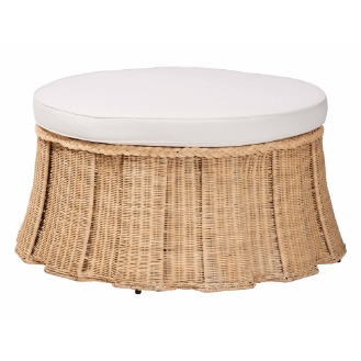 bali & pari Ying Round Natural Rattan Ottoman with Cushion - Handwoven Wicker Pleated Skirt Accent Coffee Table or Extra Seating for Living Room or Sunroom, Large