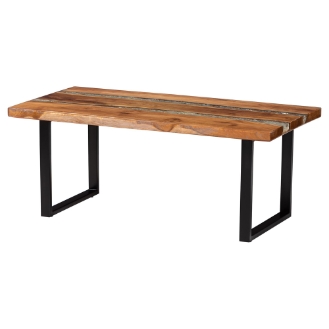 bali & pari Apio Wood Epoxy Resin Coffee Table with Glass Inlay - Rectangular Live Edge Teak wood Accent Table with Black Metal Base, Modern Rustic Centerpiece
