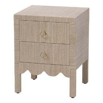 bali & pari Juniper Grasscloth Nightstand with Scalloped Base - Woven Texture 2-Drawer Bedside Table with Gold Ring Pulls, Accent Bedroom Storage Furniture