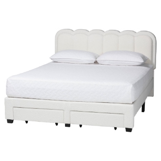 Baxton Studio Caradonna Cream Teddy-Bear Fabric Bed with Storage Drawers - Fully Upholstered Platform Bed with Scalloped Headboard, Queen