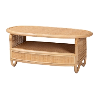 bali & pari Dyna Natural Rattan Coffee Table with Open Shelf - Handwoven Wicker Accent Table with Oval Tabletop and Braided Weavings, Coastal Boho Living Room Centerpiece