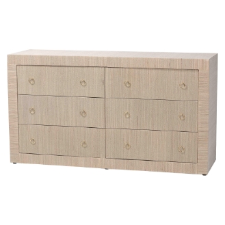 bali & pari Sage Natural Grasscloth Dresser - 6-Drawer Bedroom Storage Cabinet with Gold Ring Pulls, Modern Coastal Chest of Drawers