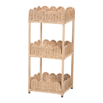 bali & pari Brooks Natural Rattan 3-Tier Storage Shelf - Handwoven Wicker Display Stand with Scalloped Borders, Coastal Boho Accent Furniture