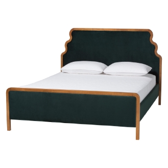 Baxton Studio Gerianne Velvet Upholstered Platform Bed - Classic European Bed Frame with Scalloped Headboard and Wood Trim, Modern Luxe Bedroom Furniture, Queen