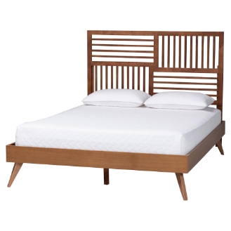 Baxton Studio Gemma Platform Bed - Mid-Century Modern Bed Frame with Slatted Wood Headboard and Angled Legs for Bedroom or Guest Room, Queen