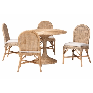 bali & pari Linda 5-Piece Natural Rattan Dining Set - Handwoven Wicker Dining Furniture with Cushioned Seats, Boho Coastal Kitchen or Dining Room Set