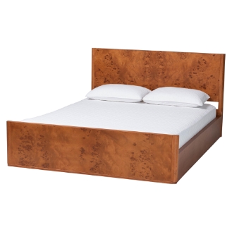 bali & pari Fuentes Real Burl Wood Bed Frame - Modern Low-Profile Platform Bed with Accent Footboard, Mid-Century Inspired Bedroom Furniture, Queen