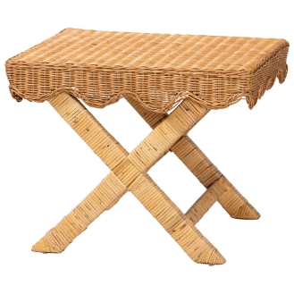 bali & pari Modesta Natural Rattan Accent Bench - Handwoven Wicker Seating with Scalloped Apron and X-Frame Base, Coastal Boho Entryway or Bedroom Seating
